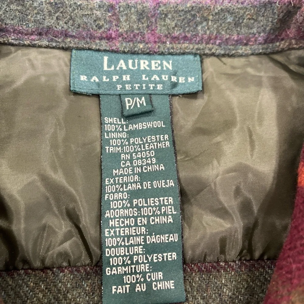 Vintage Lauren Ralph Lauren Petite Tweed Tartan Lamb Wool Leather Elbow Womens M - Picture 5 of 14